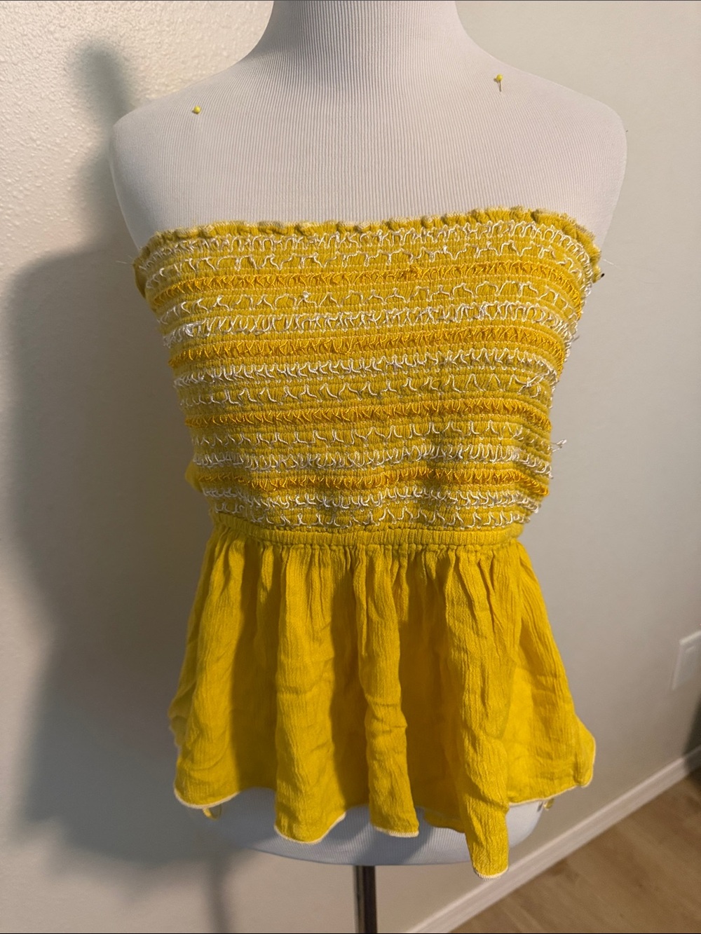 En Creme Yellow Strapless Smocked Peplum Crop Top